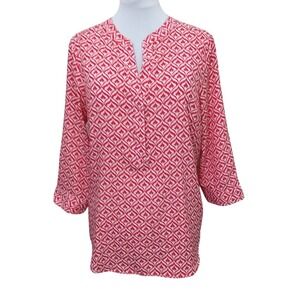 S/I Studio Red White Geometric Ikat Split V-Neck Tunic Blouse M 9621